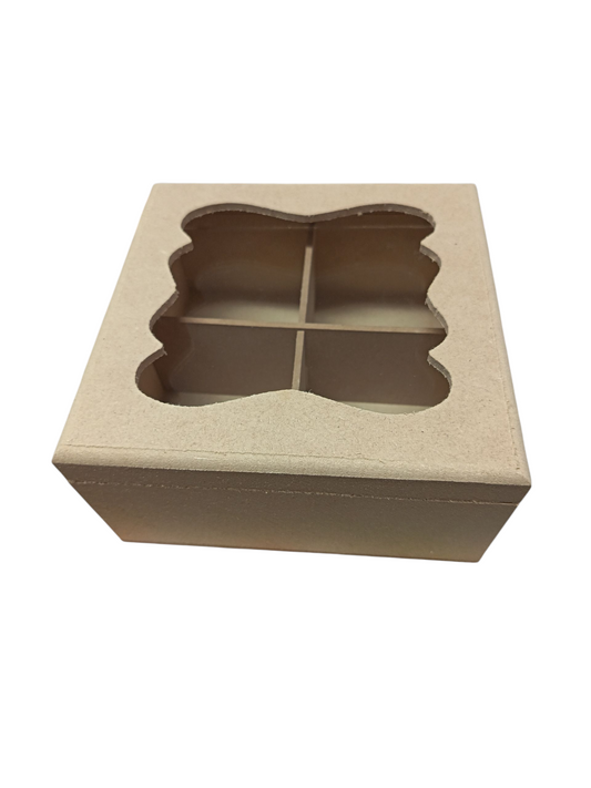 Caja de té con vidrio, 4 espacios, 17 cm x 17 cm ancho.
